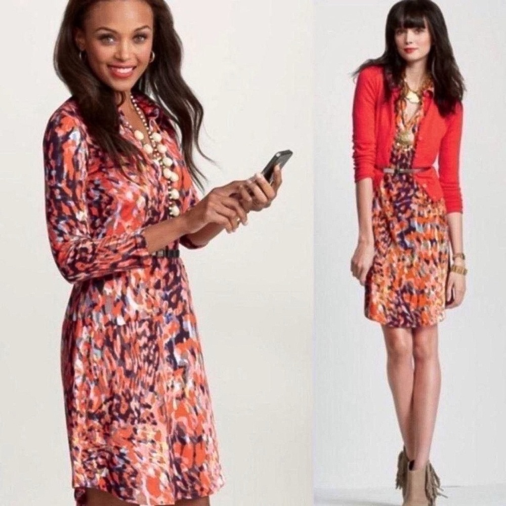 CAbi Multicolor Abstract Belted Shirt Dress Jersey Knit Collared Office Preppy - Picture 3 of 9